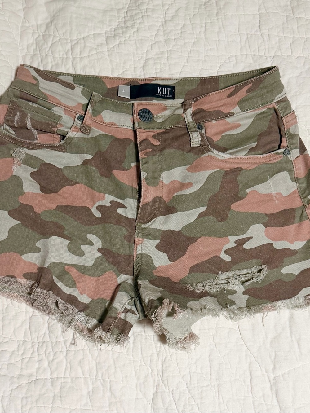 Kut from the Kloth Pink & Green Camo Distressed Denim Shorts